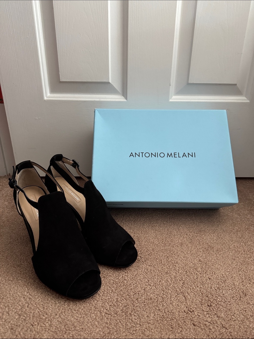 ANTONIO MELANI Black Suede Peep-Toe Slingback Heels